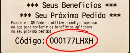 Trecho da notinha com o título Seus Benefícios, Seu Próximo Pedido e o código destacado em vermelho