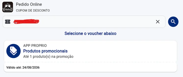 Campo para digitar o cupom e o voucher App Próprio aparecendo abaixo