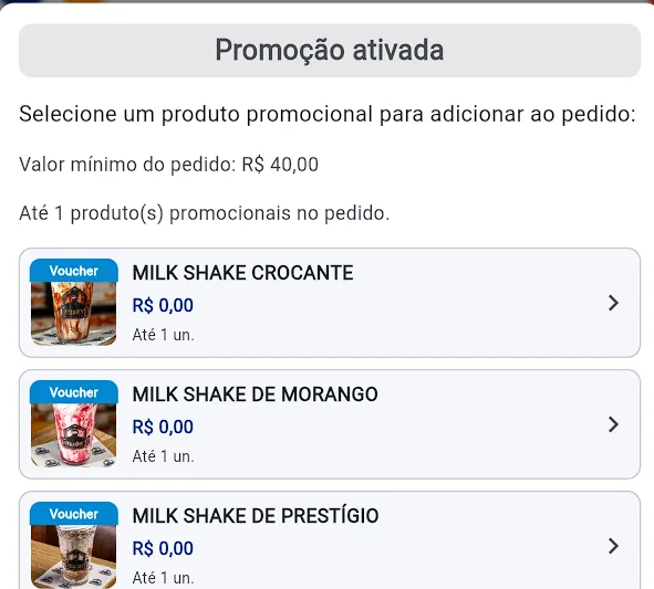 Lista de sobremesas do voucher: milk shakes, mini churros e pudim, todos a R$ 0,00