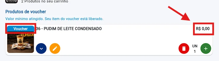 Carrinho mostrando o pudim como produto de voucher por R$ 0,00